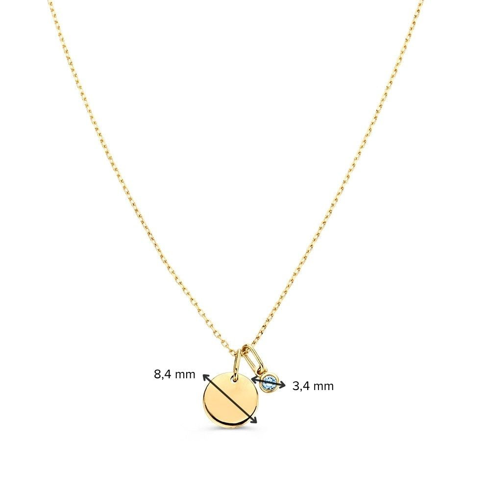 Collier met graveerplaatje + blauwe diamant hanger 0,05 crt. geelgoud