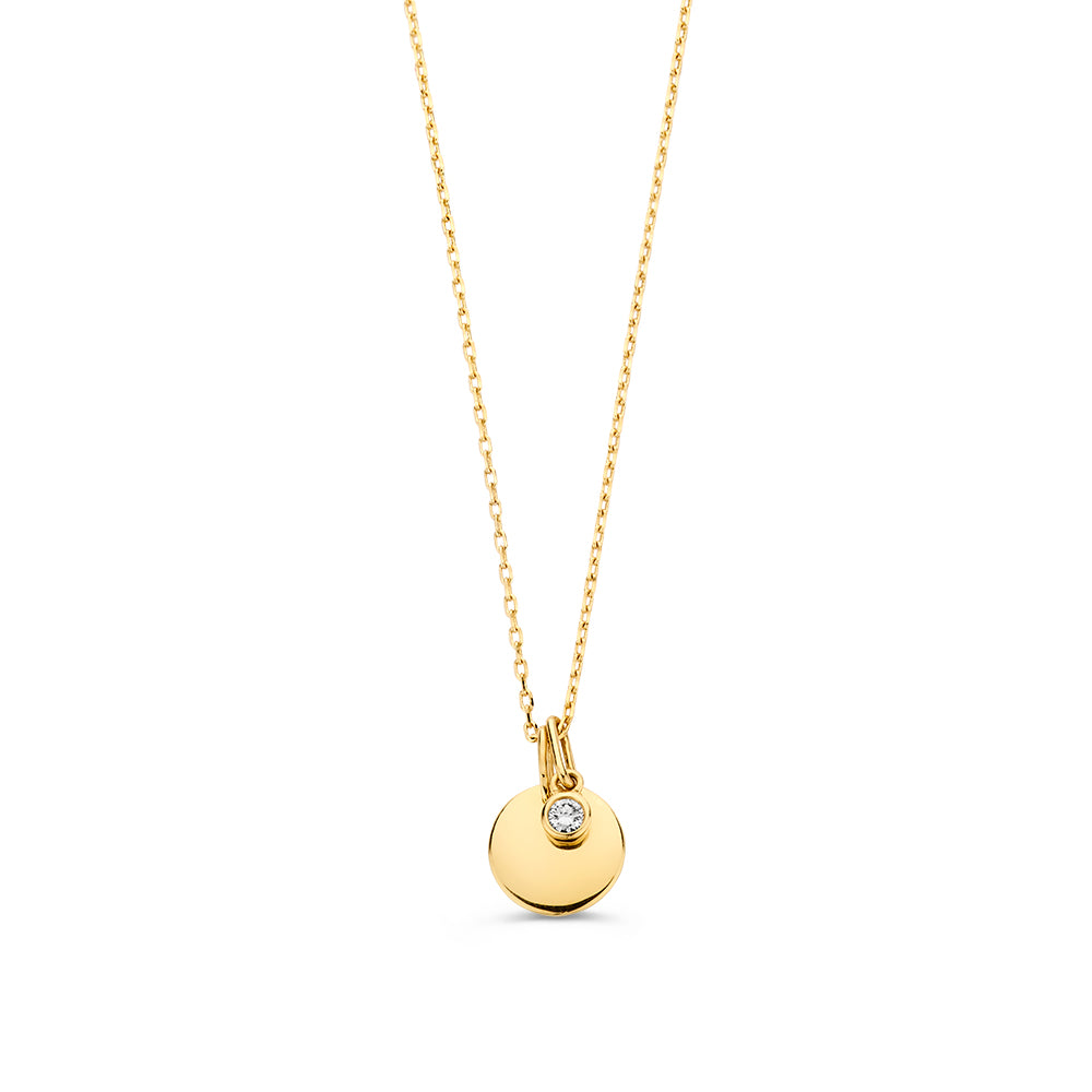 Necklace with engraving plate + white diamond pendant 0.05 crt. yellow gold
