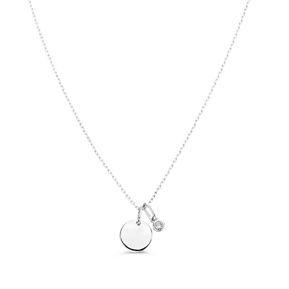 Necklace with engraving plate + white diamond pendant 0.05 crt. white gold